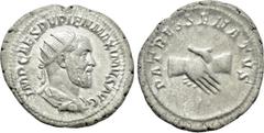 Roman Imperial Coins PUPIENUS (238). Antoninianus. Rome. Obv: IMP CAES PVPIEN MAXIMVS AVG. Radiate, draped and cuirassed bust right. Rev: PATRES SENATVS. Clasped hands. RIC 11b. Condition: Good very f