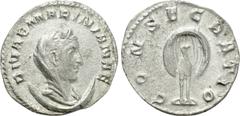 Roman Imperial Coins DIVA MARINIANA (Died before 253). Antoninianus. Rome. Struck under Valerian I. Obv: DIVAE MARINIANAE. Veiled and draped bust right, set upon crescent. Rev: CONSECRATIO. Peacock st