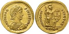 Roman Imperial Coins THEODOSIUS I (379-395). GOLD Solidus. Constantinople. Obv: D N THEODOSIVS P F AVG. Diademed, draped and cuirassed bust right. Rev: CONCORDIA AVGGG B / CONOB. Constantinopolis seat