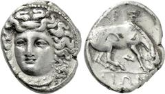 Greek Coins THESSALY. Larissa. Drachm (Circa 356-342 BC). Obv: Head of the nymph Larissa facing slightly left, with hair in ampyx. Rev: ΛΑΡΙΣ / AIΩΝ. Horse crouching right, preparing to roll. BCD Thes