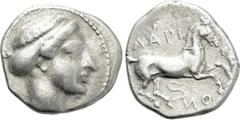 Greek Coins THESSALY. Larissa. Drachm (Circa 404 BC). Obv: Head of the nymph Larissa right, with hair in sphendone. Rev: ΛΑΡΙ - ΣΑ - Ι - OИ. Horse prancing right. BCD Thessaly II 376.1; HGC 4, 428. Co
