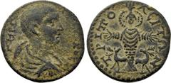 Roman Provincial Coins LYDIA. Tripolis. Herennius Etruscus (Caesar, 249-251). Ae. Obv: Bareheaded, draped and cuirassed bust right. Rev: TPIΠOΛЄITΩN. Facing statue of Artemis Ephesia; stag standing to
