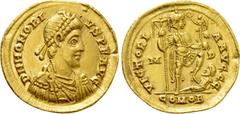 Roman Imperial Coins HONORIUS (393-423). GOLD Solidus. Mediolanum. Obv: D N HONORIVS P F AVG. Diademed, draped and cuirassed bust right. Rev: VICTORIA AVGGG / M - D / COMOB. Honorius standing right, w