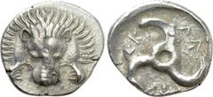Greek Coins DYNASTS OF LYCIA. Perikles (Circa 380-360 BC). Tetrobol. Uncertain mint, possibly Limyra. Obv: Facing scalp of lion. Rev: Triskeles within incuse circle. Müseler VIII.47-51; SNG von Aulock