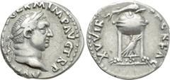 Roman Imperial Coins VITELLIUS (69). Denarius. Rome. Obv: A VITELLIVS GERM IMP AVG TR P. Laureate head right. Rev: XV VIR SACR FAC. Tripod surmounted by dolphin right; below, raven right. RIC² 109. Co