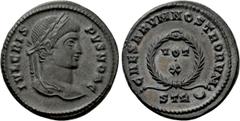 Roman Imperial Coins CRISPUS (Caesar, 316-326). Follis. Treveri. Obv: IVL CRISPVS NOB C. Laureate head right. Rev: CAESARVM NOSTRORVM. VOT / X in two lines within wreath; STR (crescent). RIC 440. Cond