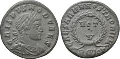 Roman Imperial Coins CRISPUS (Caesar, 316-326). Follis. Rome. Obv: CRISPVS NOB CAES. Laureate, draped and cuirassed bust right. Rev: CAESARVM NOSTRORVM. VOT / V in two lines within wreath; R (wreath) 