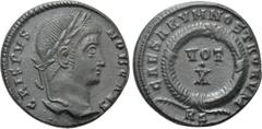 Roman Imperial Coins CRISPUS (Caesar, 316-326). Follis. Rome. Obv: CRISPVS NOB CAES. Laureate head right. Rev: CAESARVM NOSTRORVM. VOT / X in two lines within decorated wreath; RS. RIC 240. Condition: