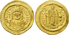 Byzantine Coins JUSTINIAN I (527-565). GOLD Solidus. Constantinople. Obv: D N IVSTINIANVS P P AVG. Helmeted and cuirassed bust facing, holding globus cruciger and shield decorated with horseman motif.