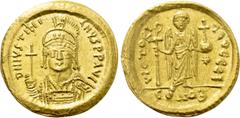 Byzantine Coins JUSTINIAN I (527-565). GOLD Solidus. Constantinople. Obv: D N IVSTINIANVS P P AVG. Helmeted and cuirassed bust facing, holding globus cruciger and shield decorated with horseman motif.