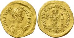 Byzantine Coins JUSTINIAN I (527-565). GOLD Tremissis. Constantinople. Obv: D N IVSTINIANVS P P AVG. Diademed, draped and cuirassed bust right. Rev: VICTORIA AVGVSTORVM / CONOB. Victory advancing righ