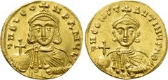 Byzantine Coins LEO III THE "ISAURIAN" with CONSTANTINE V (717-741). GOLD Solidus. Constantinople. Obv: δ N D LЄON P A MЧL. Crowned and draped facing bust of Leo, holding globus cruciger and akakia. R