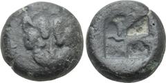 Greek Coins CIMMERIAN BOSPOROS. Pantikapaion. Diobol (Circa 480-438/7 BC). Obv: Facing head of panther or lion. Rev: Quadripartite incuse square. MacDonald 1/5 corr. (triobol); HGC 7, 31 (as half sigl