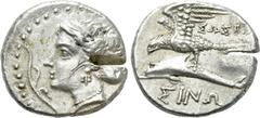 Greek Coins PAPHLAGONIA. Sinope. Drachm (Circa 330-300 BC). Sost-, magistrate. Obv: Head of nymph left, with hair in sakkos; aphlaston to left. Rev: ΣΩΣT / ΣINΩ. Sea-eagle standing left, with wings sp