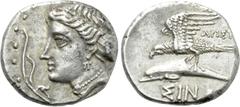 Greek Coins PAPHLAGONIA. Sinope. Drachm (Circa 330-300 BC). Arist-, magistrate. Obv: Head of nymph left, with hair in sakkos; aphlaston to left. Rev: APIΣT / ΣINΩ. Sea-eagle standing left, with wings 
