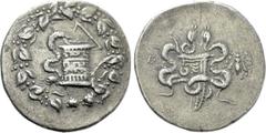 Greek Coins IONIA. Ephesos. Cistophor (Circa 180-67 BC). Obv: Cista mystica with serpent; all within ivy wreath. Rev: Bowcase between two serpents; EΦΕ to left. Control: To right, bee within wreath. K