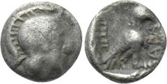Greek Coins DYNASTS OF LYCIA. Uncertain dynast (Circa 4th century BC). Hemiobol. Obv: Helmeted head of Athena right. Rev: Bird (eagle?) standing right within pelleted square border; all within incuse 