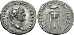 Roman Imperial Coins TITUS (79-81). Denarius. Rome. Obv: IMP TITVS CAES VESPASIAN AVG P M. Laureate head right. Rev: TR P IX IMP XV COS VIII P P. Filleted tripod surmounted by dolphin right. RIC² 128.