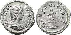Roman Imperial Coins PLAUTILLA (Augusta, 202-205). Denarius. Rome. Obv: PLAVTILLA AVGVSTA. Draped bust right. Rev: VENVS VICTRIX. Venus standing left, holding apple and palm frond, and resting elbow u