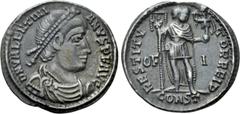 Roman Imperial Coins VALENTINIAN I (364-375). Siliqua. Arelate. Obv: D N VALENTINIANVS P F AVG. Diademed, draped and cuirassed bust right. Rev: RESTITVTOR REIP / CONST. Valentinian standing facing, he