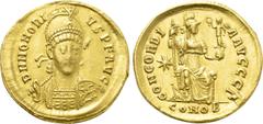 Roman Imperial Coins HONORIUS (393-423). GOLD Solidus. Constantinople. Obv: D N HONORIVS P F AVG. Helmeted and cuirassed bust facing slightly right, holding spear and shield decorated with horseman mo