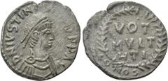 Byzantine Coins JUSTINIAN I (527-565). Siliqua. Carthage. Obv: D N IVSTINIANVS P P AG. Diademed, draped and cuirassed bust right. Rev: VOT / MVLT / HTI in three lines; all within wreath; CONOS. Sear 2