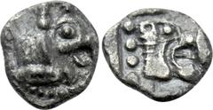Greek Coins GAUL. Massalia. Obol (Circa 475-465/0 BC). Obv: Head of griffin right. Rev: Head of roaring lion right within incuse square. Chevillon Group 1; Auriol group FF. Condition: Very fine. Weigh