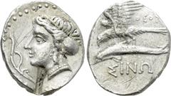 Greek Coins PAPHLAGONIA. Sinope. Drachm (Circa 330-300 BC). Theot-, magistrate. Obv: Head of nymph left, with hair in sakkos; aphlaston to left. Rev: ΘΕΟΤ / ΣINΩ. Sea-eagle standing left, with wings s