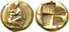 Greek Coins MYSIA. Kyzikos. EL 1/24 Stater (Circa 450-400 BC). Obv: Male figure (Odysseos?) kneeling left, wearing chlamys and pilos, sacrificing ram; below, tunny left. Rev: Quadripartite incuse squa
