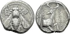 Greek Coins IONIA. Ephesos. Tetradrachm (Circa 390-325 BC). Melaggridas, magistrate. Obv: Ε - Φ. Bee. Rev: M𝛦𝛬𝛢𝛤𝛤𝛲𝛪𝛥𝛢𝛴. Forepart of stag right, head left; palm tree to left. BMC p. 53, 49. C