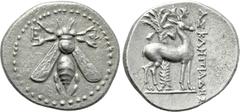 Greek Coins IONIA. Ephesos. Drachm (Circa 202-150 BC). Asklepiades, magistrate. Obv: Ε - Φ. Bee. Rev: ΑΣΚΛΗΠΙΑΔΗΣ. Stag standing right; palm tree in background. SNG von Aulock 1847; SNG Copenhagen 286