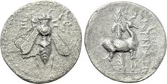 Greek Coins IONIA. Ephesos. Drachm (Circa 202-150 BC). Uncertain magistrate. Obv: Ε - Φ. Bee. Rev: [...]. Stag standing right; palm tree in background. Cf. SNG von Aulock 1846-51 & 7823-9 (magistrate)