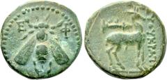 Greek Coins IONIA. Ephesos. Ae (Circa 200 BC). Eythoukrates, magistrate. Obv: Ε - Φ. Bee. Rev: ΕΥΘΟΥΚΡΑΤΗΣ. Stag standing right; horizontal quiver above. SNG Copenhagen 263. Condition: Very fine. Weig
