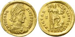 Roman Imperial Coins THEODOSIUS I (379-395). GOLD Solidus. Sirmium. Obv: D N THEODOSIVS P F AVG. Pearl-diademed, darped and cuirassed bust right. Rev: VICTORIA AVGGG S / S - M / CONOB. Emperor standin