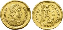 Roman Imperial Coins THEODOSIUS I (379-395). GOLD Solidus. Sirmium. Obv: D N THEODOSIVS P F AVG. Pearl-diademed, draped and cuirassed bust right. Rev: VICTORIA AVGGG B / S-M / COMOB. Emperor standing 