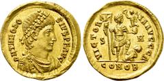 Roman Imperial Coins THEODOSIUS I (379-395). GOLD Solidus. Sirmium. Obv: D N THEODOSIVS P F AVG. Pearl-diademed, draped and cuirassed bust right. Rev: VICTORIA AVGGG Δ / S-M / COMOB. Emperor standing 