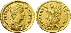Roman Imperial Coins THEODOSIUS I (379-395). GOLD Solidus. Constantinople. Obv: D N THEODOSIVS P F AVG. Rosette-diademed, draped and cuirassed bust right. Rev: CONCORDIA AVGGG Γ / CONOB. Concordia sea