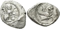 Greek Coins DYNASTS OF LYCIA. Amm... (Circa 480-460 BC). Stater. Uncertain mint. Obv: Lion seated right, raising forepaw; floral scroll to right. Rev: Forepart of Pegasos right within pelleted circula