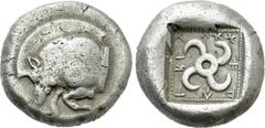 Greek Coins DYNASTS OF LYCIA. Teththiweibi (Circa 440-430 BC). Stater. Kyndyba (?). Obv: Forepart of boar left. Rev: Triskeles; dynast's name in Lycian around; all in incuse square. Vismara, Falghera 