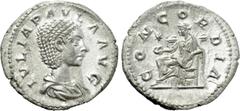 Roman Imperial Coins JULIA PAULA (Augusta, 219-220). Denarius. Antioch. Obv: IVLIA PAVLA AVG. Draped bust right. Rev: CONCORDIA. Concordia seated left on throne, holding patera; star to left. RIC 211 