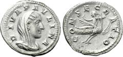 Roman Imperial Coins DIVA PAULINA (Died before 235). Denarius. Rome. Struck under Maximinus Thrax. Obv: DIVA PAVLINA. Veiled and draped bust right. Rev: CONSECRATIO. Diva Paulina, raising hand and hol