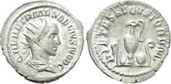 Roman Imperial Coins HERENNIUS ETRUSCUS (Caesar, 249-251). Antoninianus. Rome. Obv: Q HER ETR MES DECIVS NOB C. Radiate, draped and cuirassed bust right. Rev: PIETAS AVGVSTORVM. Emblems of the pontifi