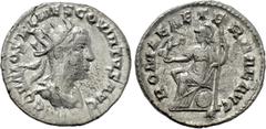 Roman Imperial Coins HOSTILIAN (251). Antoninianus. Antioch. Obv: C OVAL OSTIL MES COVINTVS AVG. Radiate, draped and cuirassed bust right; three pellets below. Rev: ROMAE AETERNAE AVG. Roma seated lef