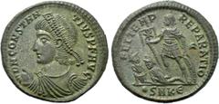 Roman Imperial Coins CONSTANTIUS II (337-361). Ae. Cyzicus. Obv: D N CONSTANTIVS P F AVG. Diademed, draped and cuirassed bust left, holding globus. Rev: FEL TEMP REPARATIO / •SMKЄ. Constantius standin
