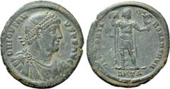Roman Imperial Coins JOVIAN (363-364). Ae. Antioch. Obv: D N IOVIANVS P F AVG. Diademed, draped and cuirassed bust right. Rev: VICTORIA ROMANORVM / ANTA. Jovian standing facing, head right, holding la