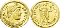 Roman Imperial Coins VALENS (364-378). GOLD Solidus. Nicomedia. Obv: D N VALENS P F AVG. Diademed, draped and cuirassed bust right. Rev: RESTITVTOR REIPVBLICAE / SMNЄ. Valens standing facing, head rig