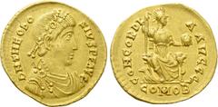 Roman Imperial Coins THEODOSIUS I (379-395). GOLD Solidus. Thessalonica. Obv: D N THEODOSIVS P F AVG. Diademed, draped and cuirassed bust right. Rev: CONCORDIA AVGGG / COMOB. Constantinopolis, with he