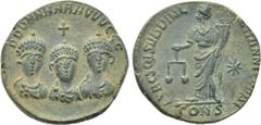 Roman Imperial Coins THEODOSIUS I with ARCADIUS and HONORIUS (393-395). Ae Exagium Solidi Weight. Constantinople; Iohannes, comes sacrarum largitionum. Obv: DDD NNN AAA VVV GGG. Diademed and draped fa