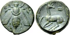 Greek Coins IONIA. Ephesos. Ae (Circa 390-300 BC). Uncertain magistrate. Obv: Ε - Φ. Bee. Rev: Stag prancing left, head right; astragalos above. Cf. SNG Copenhagen 245-53. Condition: Very fine. Weight