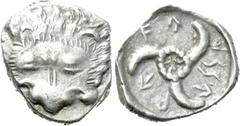 Greek Coins DYNASTS OF LYCIA. Vekhssere II (Circa 400-380 BC). Tetrobol. Obv: Facing scalp of lion. Rev: WAXSSERE in Lycian. Triskeles around central sunburst; all within incuse square. BMC -. Müseler